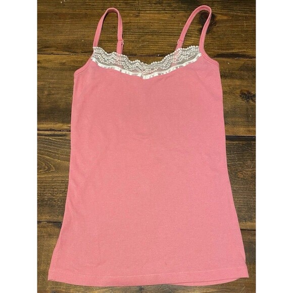 VTG Y2K Charlotte Russe Pink Cami Top Lace Trim Ribbed Coquette Feminine Size S - Picture 1 of 3